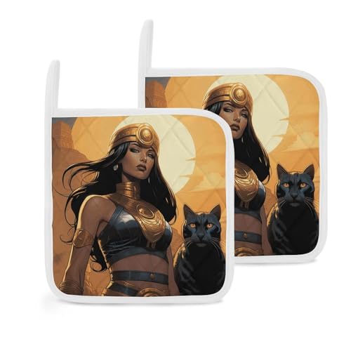 an Ancient Princess - Juego de 2 agarraderas de cocina resistentes al calor con trabillas para colgar, almohadillas calientes duraderas para horno, para cocinar, hornear, barbacoa