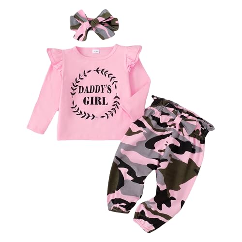 Image of Mikrdoo Baby Girl Clothes Toddler Girl Outfits Long Sleeve Ruffle Shirt Tops Baby Camo Pants