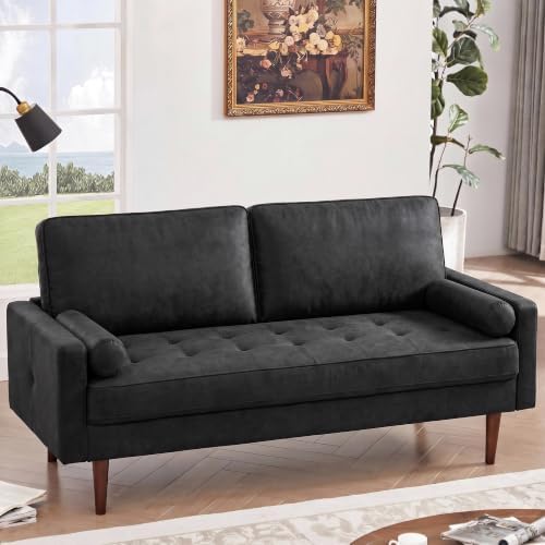 HIFIT 58" Loveseat Sofa Couch, Mid Century Modern Faux Leather Couch, Black
