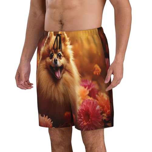 Flowers and Cute Puppy Men Beach Pants â€“ Swim Trunks for Men,Quick-Dry and Comfortable, Suitable for Beach, Surf, and Everyday Wear2