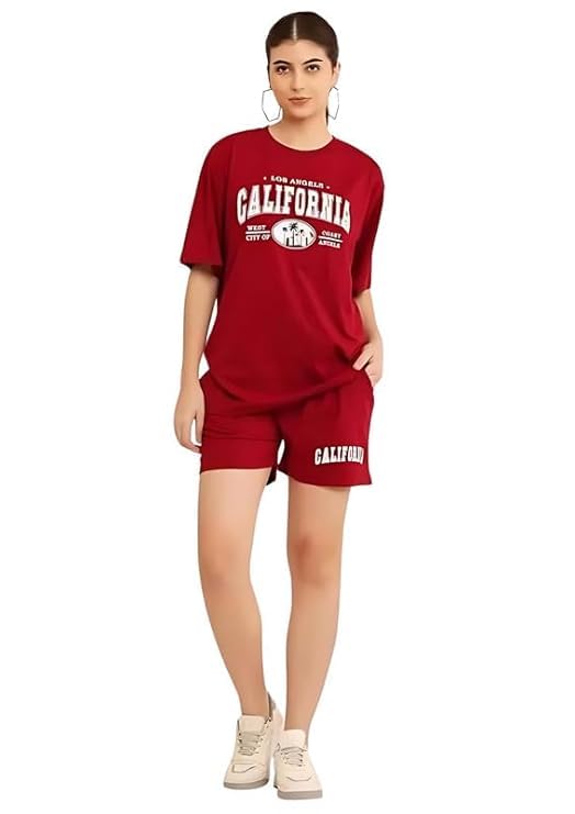 Women’s Cotton Printed Co-ord Set | Night Dress | Oversized T-Shirt with Shorts | Casual Lounge Wear Two Piece Set for Women
