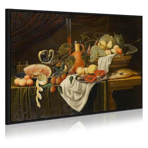 Framed Fruit and Seafood Still Life Oil Painting Canvas Wall Art Basket Fruit Artwork Cover