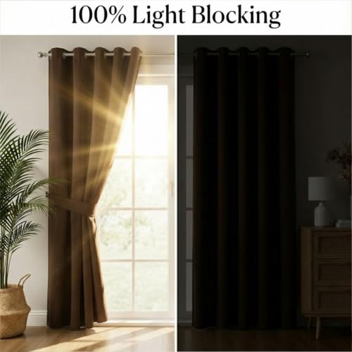 Image of 100% Blackout Window Curtains, 7 Feet, Solid Design, Faux Silk, Thermal Insulated, Noise Reducing Eyelet Door Curtain with Tie Back for Living Room & Bedroom, 115x210cm, Pack of 1 - Coffee