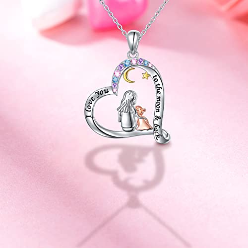 DAOCHONG S925 Sterling Silver Mother and Daughter Moon and Star Love Heart Pendant Necklace Gift for Women Mother Daughter3