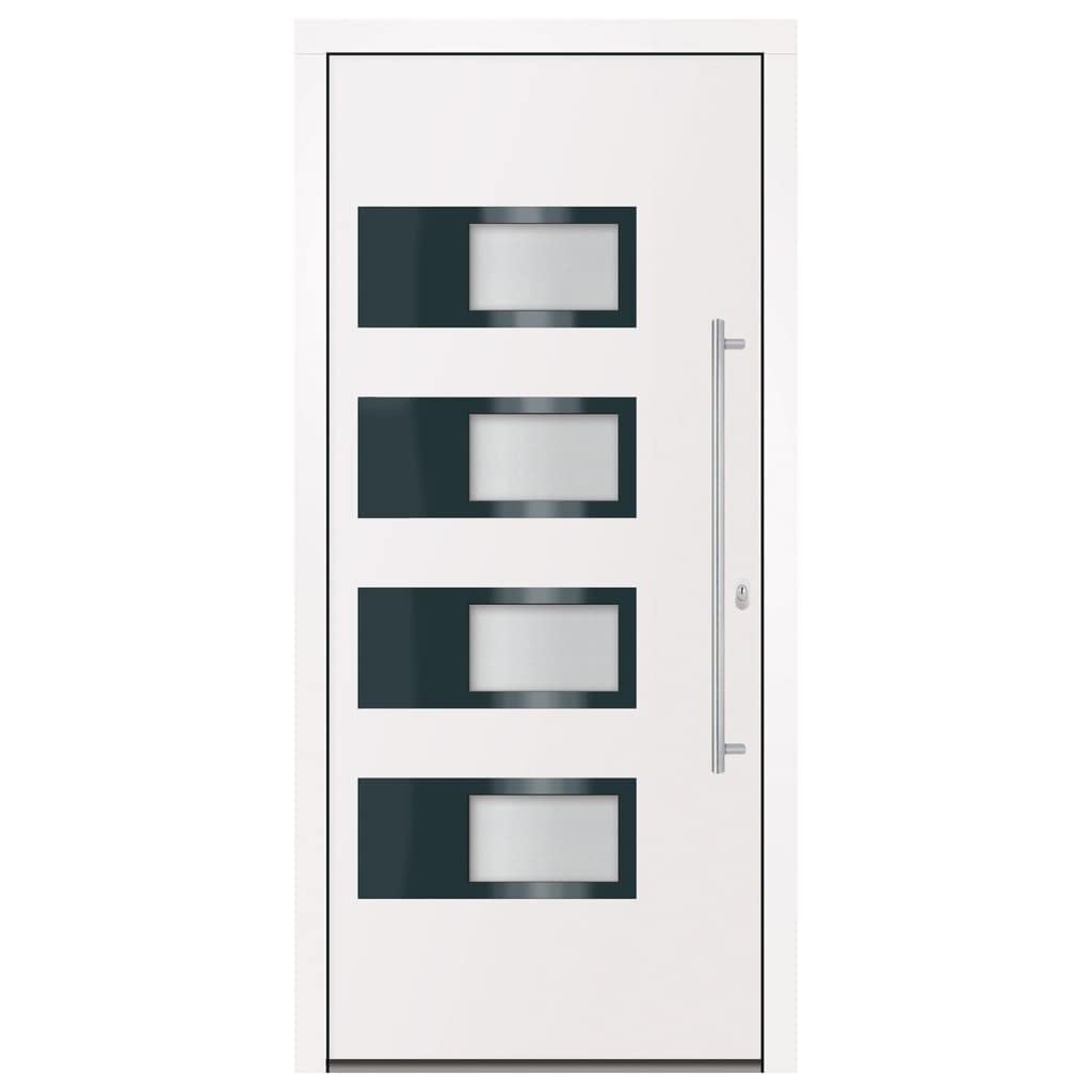 Białe drzwi wejściowe 100 x 210 cm z aluminium i PCW z solidną ramą, 5-drożnym zamkiem hakowym, przeszkleniem izolacyjnym i wzmocnieniem ze stali ocynkowanej, 3 regulowane zawiasy