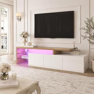 OLIVIBED TV Lowboard met opbergruimte, televisietafel met 3 deuren en glazen plank, TV-bank voor televisies tot 85 inch, TV-sideboard voor de woonkamer, wit en houtkleur, 197,5x39x42 cm