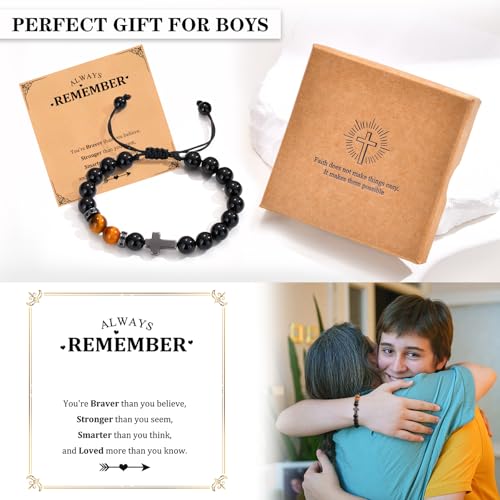 Easter Basket Stuffers Cross Bracelet : Natural Gemstone Beaded Men's Religious Cross Bracelet for Boys Teenage Christian Gifts Confirmation Baptism to Son Grandson Nephew3