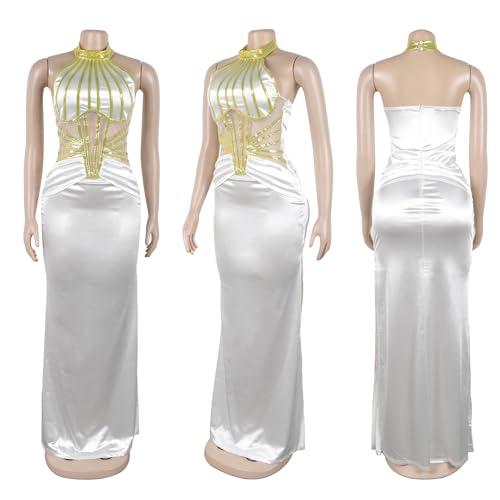 Image of Jigfar Women's Sexy Elegant Rhinestone Halter Mesh See Through Bodycon Formal Maxi Dress(FK3380,White,XXL)