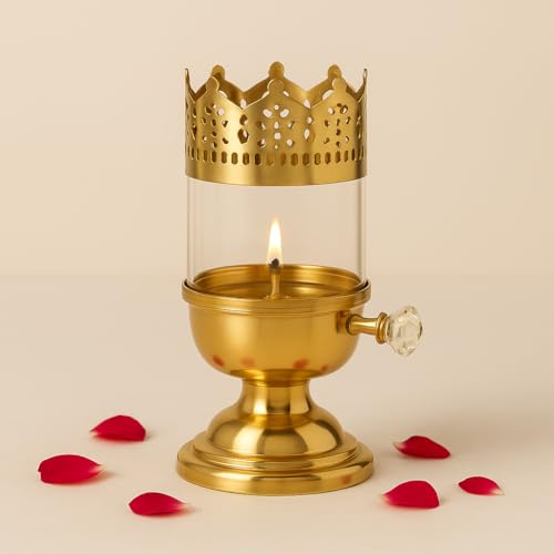 Image of Pure Source India Brass Akhand Diya 9 Inch with Glass Chimney | Long-Lasting Oil Lamp for Pooja, Mandir & Diwali Decoration | Smokeless Flame, Windproof Deepak with Crystal Knob