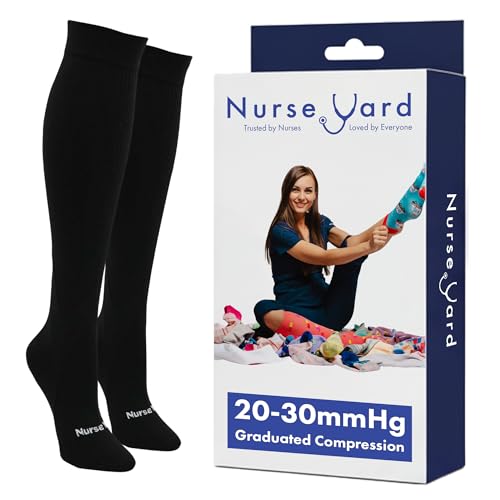 Image of Nurse Yard Compression Socks for Women and Men | 20-30mmHg Graduated Medical Compression Socks for Nurses | Travel and Flying | Athletic Support for Running, Best Compression Socks | 1 Pair Core2Black