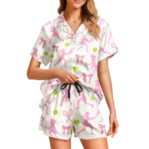 Image of Funny Pajamas for Women Set Print Satin Loungewear Pjs Short Sleeve Button Down Top and Shorts Sets Sleepwear XS-3XL