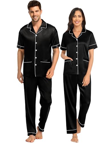 SWOMOG Couples Pajamas Sets Women & Men Satin Short Sleeve Sleepwear Button Down Loungewear Pjs Set with Long Pants Men - 2 Pockets Black Medium