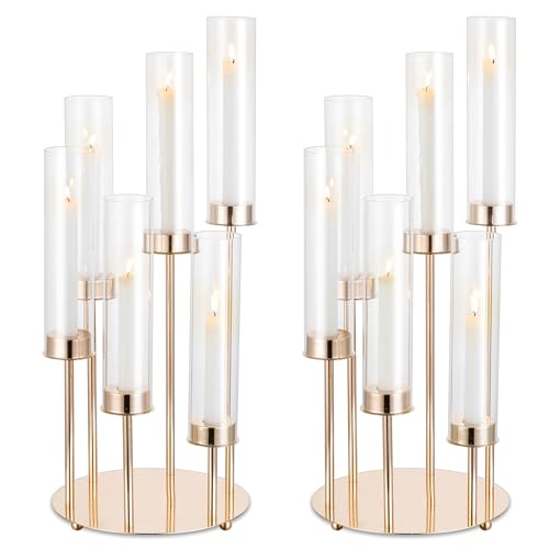 NUPTIO Oro Candelabro Titulares Huracán - 60cm Claro 2 Piezas Cilindro Vidrio de 6 Brazos Candelabro de Metal Vela Palo de La Chimenea Cubierta Al Aire Libre La Boda Centros de Mesa Mesas Decoración