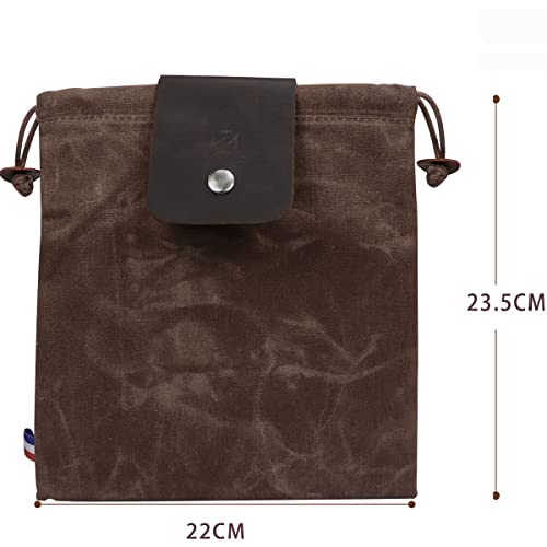 Canvas Feeding Bag for Hiking, Foldable Leather Belt Bag Waist Bag with Drawstring and Buckle, coffee - Image 3