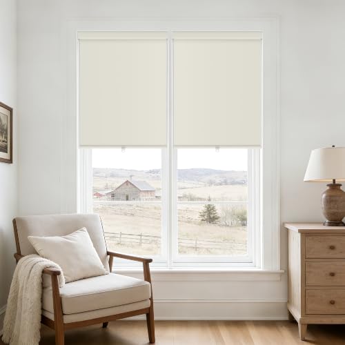 Cordless Roller Shades Blackout Blinds for French Door Room Darkening Rolled Up Shades with Linen Valance, UV Protection Narrow Window Shades Blinds for Bedroom Home and Office Cream 24" W x 72" H