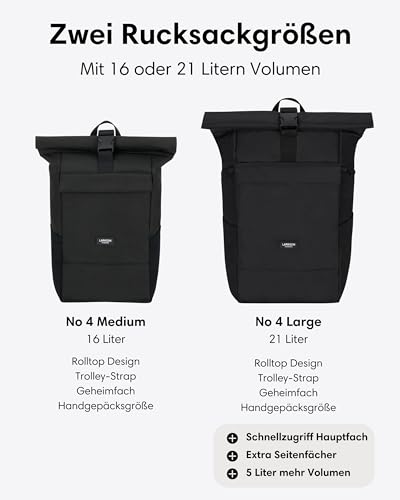 LARKSON Rucksack Damen & Herren Schwarz - No 4 Large - Rolltop Backpack 21 L mit 16 Zoll Laptopfach Uni, Arbeit & Fahrrad - Großer Reiserucksack mit Trolley Strap
