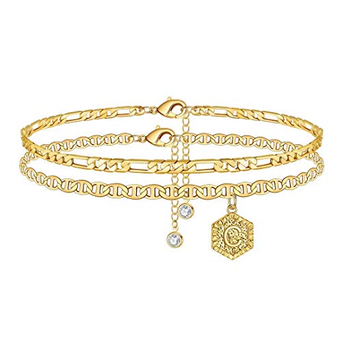 Memorjew Ankle Bracelets for Women Initial Anklet, 14K Gold Plated Layered Chain Anklet Letter C Initial Anklets for Women Jewelry Gifts