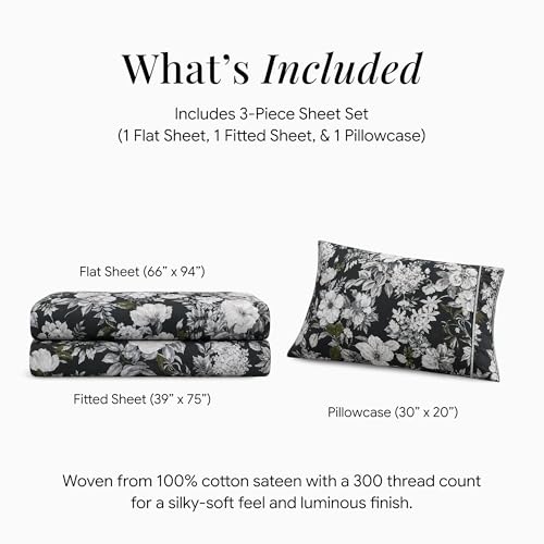 Tribeca Living Deep Pocket Twin Size Sheet Set - 300 Thread Count Cotton Sateen Sheets with 22-Inch Extra Deep Pockets, Oeko-Tex Certified, 3 Bedding Set in Vernazza Charcoal/Multi Print by Tribeca Living - Image 7