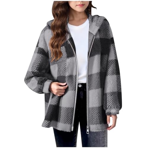 Girls Fuzzy Fleece Jackets Warm Thick Sherpa Coats Cozy Zip Up Plaid Hooded Shackets Fluffy Plush Outerwear Jacket