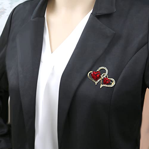 Red Double Heart Crystal Brooches Pins Rhinestone Love Heart Safety Brooch Fashion Elegant Jewelry For Women Girl Gift Gold Plated #TOP1