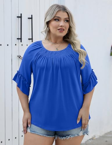 Image of Micoson Womens Plus Size Tops 3 /4 Ruffle Sleeve Crewneck Pleated Shirts