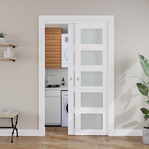 SMARTSTANDARD 48x80 Inch Closet Sliding Door Kit - Double 25" White Barn Doors with Frosted 5-Panel Glass, MDF PVC Surface, Complete Hardware Included for Easy Installation