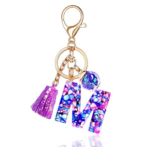 Purple Letter M Keychain For Women Purse Handbags Resin Alphabet Initial Letter Pendant With Tassel Glass Ball #TOP10