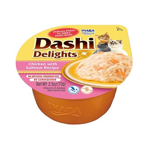 INABA Dashi Delights Gatos - Caldo Saludable de Copos de Bonito con Pollo y Salmón - Alto Contenido en Proteínas - Ingredientes Naturales - Sin Conservantes Ni Colorantes - 70 g