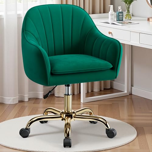 Image of Vanity Chair with Wheels, Comfy Home Office Desk Chairs Adjustable Modern Velvet Makeup Vanity Chairs for Bedroom Living Room-Green
