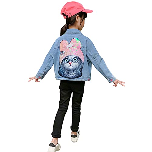 ASHER FASHION Girls Dinim Jacket Classic Sequined Cat Pattern Basic Button Down Jeans Tops Girls’ Outwear Coat (1-13Y)