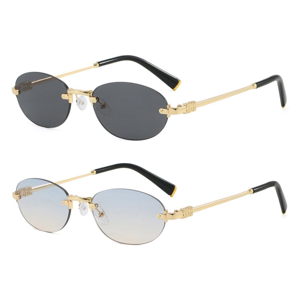 frissin Oval Rimless Sunglasses Womens UV400 Protection Gradient Lenses Gold Metal Temples Luxury Ladies Sun Glasses Minimalist Sunnies Outdoor Street Travel Party Holiday