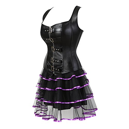 Grebrafan Steampunk Faux Leather Corsets with Tulle Skirt2