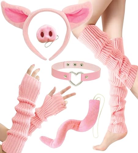 Pig Costume Accessories for Women Sexy Piggie Costumes- Pink Arm Sleeves & Leg Warmers with Miss Piggy Ears Headband, Piglet Snout Nose, Swiggly Tail & Heart Necklace Choker Adults Halloween & Cosplay