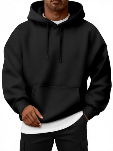 EFAN Mens Oversized Hoodies Fall Sweatshirt Winter Fleece Hooded Collar Drawstring Pullover With Pockets Black M