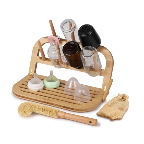 Image of Bamboo Baby Bottle Drying Rack - Space Saving Bottle Dryer & Holder