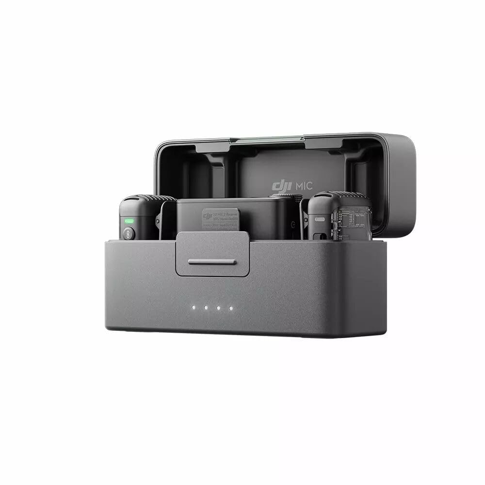 DJI Mic 2 (2 TX + 1 RX + Estuche de carga), todo en uno, micrófono inalámbrico, cancelación de ruido inteligente, grabación interna flotante de 32 bits, micrófono para iPhone y Android