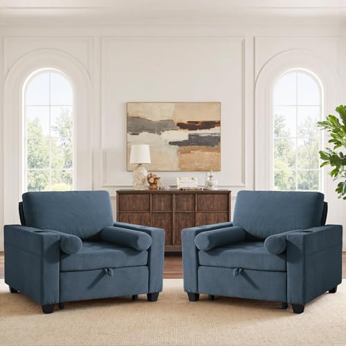 Image of 3-in-1 Sleeper Sofa Chairs Set of 2, Pull Out Sofa Bed Convertible Reclining Seat Upholstered Armchair, Adjustable Backrest Recliner Chair with Side Pockets, Cup Holder & USB Ports - Navy Blue