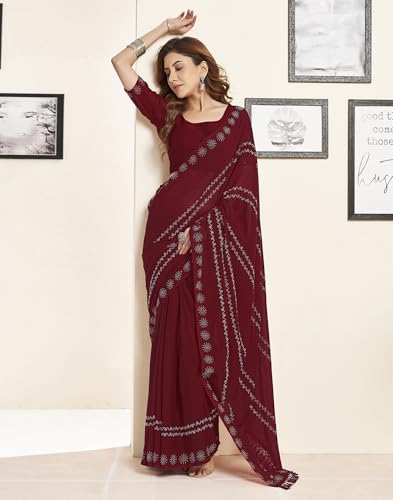 Image of SIRIL Women's Georgette Stone Work Saree With Unstitched Blouse Piece