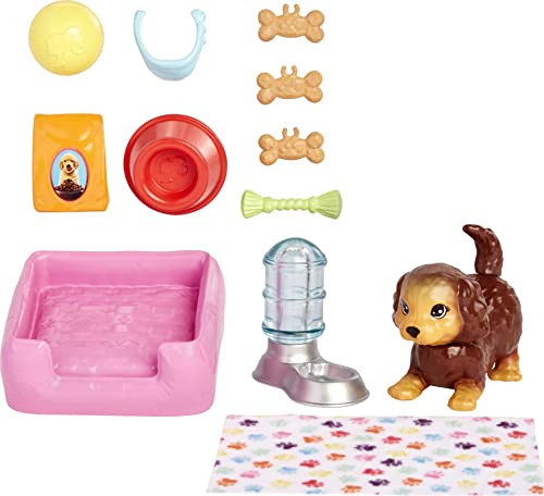 Muñecas, Toy Barbie Mascotas y Accesorios, Juego Interactivo para Cachorros con Cama para Mascotas, 11 Piezas con temática de Animales