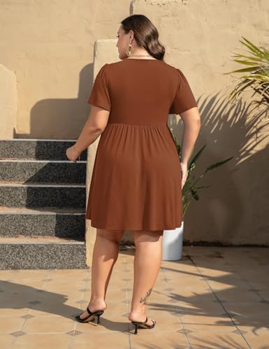 Image of Manllenshie Womens Plus Size Summer Dress Casual Short Sleeves Deep V Neck Twist Knot Front Flowy Dress with Pockets