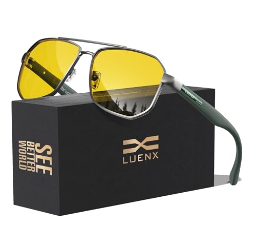 LUENX Night Vision Driving Glasses, Aviator Sunglasses for Men Square Polarized Polygon Yellow Lens 61mm