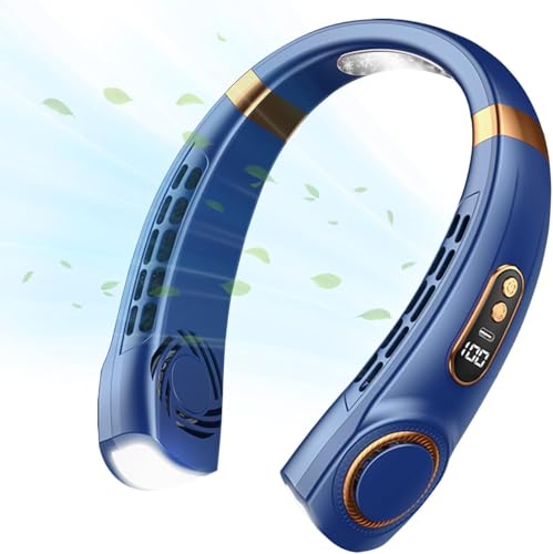 Portable Neck Fan Portable Neck Fan with Borneol Cooling Airflow 5 Gears Adjustable 360Global Cooling Air Outlet with Lighting with LED Display and USB Rechargeable(Blue)