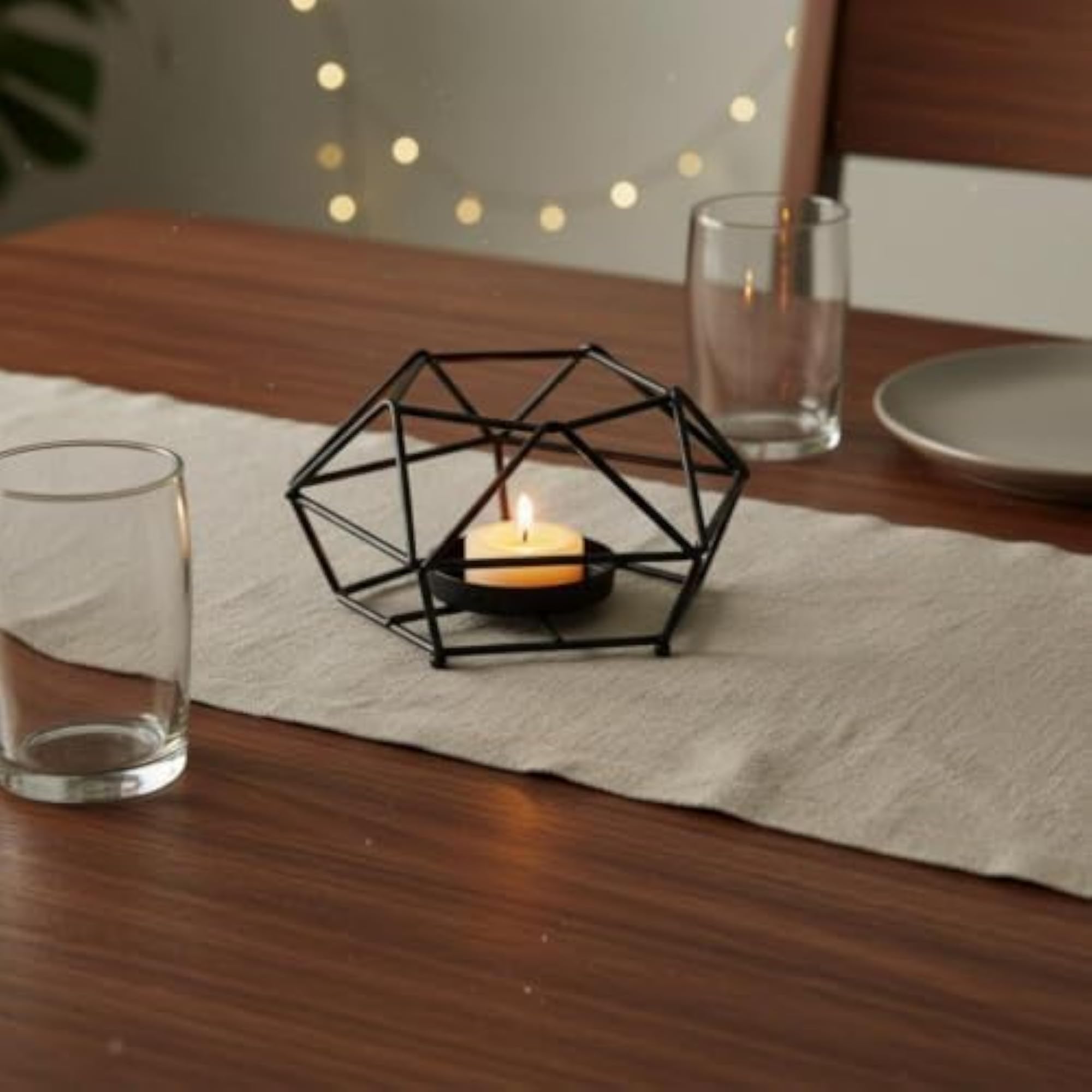 Hexagonal Wireframe Candlestick, Minimalist Geometric Metal Holder