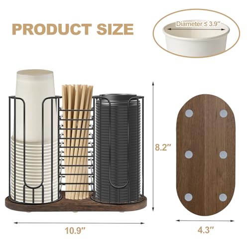 Tanggiteck 3-Compartment 18oz Coffee Cup Dispenser Rack with Wood Base, Disposable Cup, and Lid Organizer for Countertop - Perfect for Paper Cups, Straws, and Kitchen Cabinet Storage by Tanggiteck - Image 2