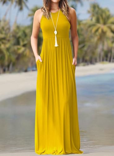 Image of EUOVMY Women's Sleeveless Dress Casual Plain Loose Summer Long Maxi Dresses with Pockets