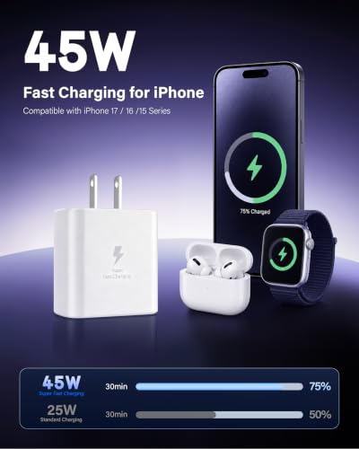 Image of Phone 17 16 Charger Fast Charging, 45W Type C Chargers USB C Charger Block | for Phone 17 /16 /16 Pro Max /15 /15 Pro Max /15 Plus /Galaxy S26 S25 S24 S23 S22 S21-White,with Long 6FT USB-C Charging Cables