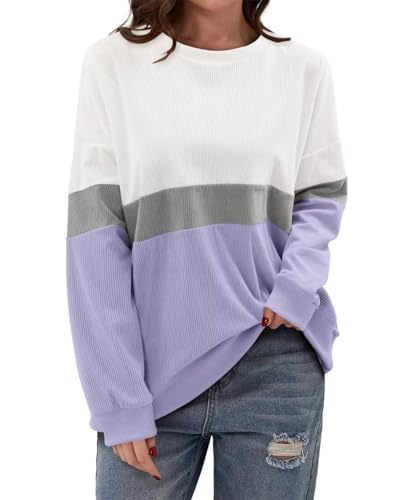 KISSMODA Womens Casual Long Sleeve Sweatshirts Color Block/Solid Tops Corduroy Crewneck Tunic Pullover with Pockets