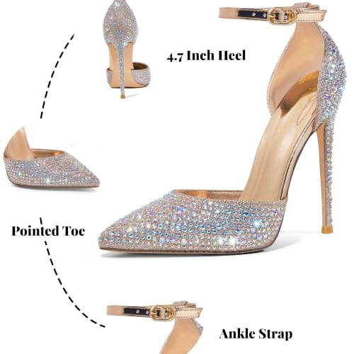 Image of Elisabet Tang 4 Inch Stiletto with Ankle Strap D'Orsay Pumps | Features sparkly rhinestone, pointed toe,secure ankle strap design, perfect for prom, wedding, party