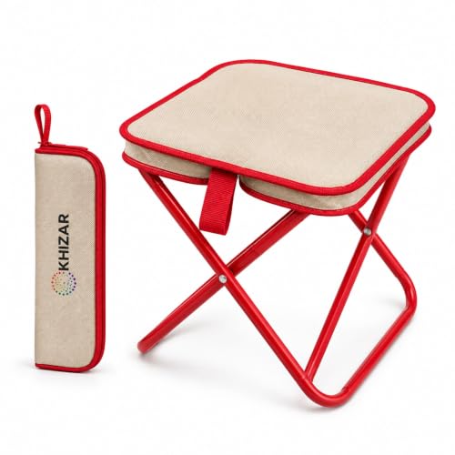 Image of KHIZAR Foldable Camping Stool with Carry Bag | Portable Folding Seat for Outdoor Travel | Heavy Duty Steel Frame | 100kg Load Capacity | Lightweight Fishing, Hiking, Trekking, Picnic, | Beige