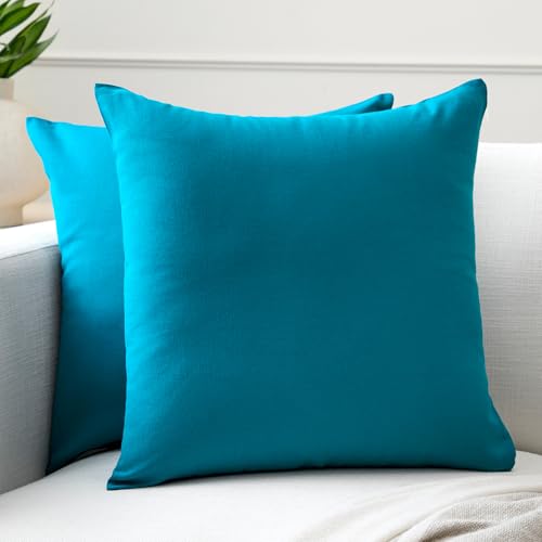 Image of Encasa XO Throw Pillow Covers 20x20 in Set of 2 Azul Blue | No Inserts | Cotton Pillow Covers for Living Room, Bed, Sofa, Couch | Decorative Cushion Covers with Improved Zipper